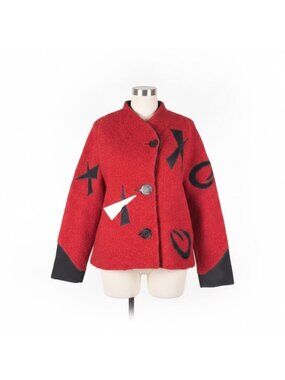 Marylou Storer Womens Red Wool Graphic Button Jacket Black Abstract Design Sz S